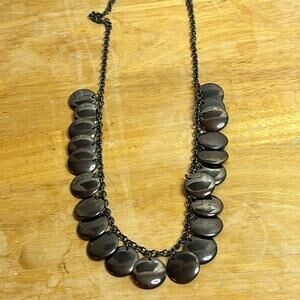 Express Long Draped Dark Gray Metallic Necklace with Circular Discs 30”
